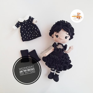 Patroon voor gehaakte pop voor gotisch meisje: amigurumi met outfits voor twee jurken (pdf-patroon)