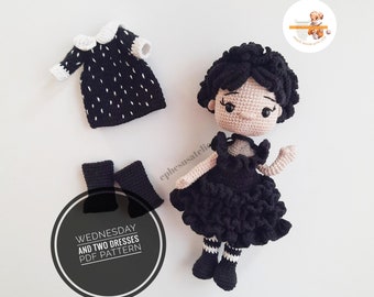 Patrón de Muñeca de Crochet Miércoles, Amigurumi con Dos Vestidos (Patrón PDF)