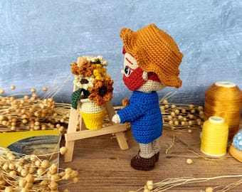 ゴッホの編みぐるみパターン、ひまわりをモチーフにしたポーズを取れる