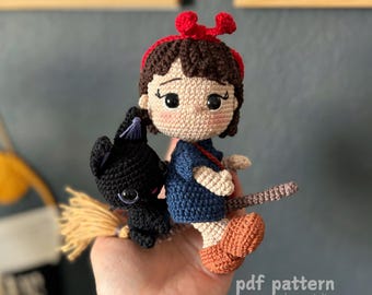 Kiki och Katt Amigurumi Virkmönster, Halloween Häxdocka (PDF-mönster)