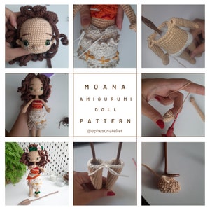May include: A crochet doll pattern with the text "MOANA AMIGURUMI DOLL PATTERN @ephesusatelier". The doll has brown hair, a tan face, and is wearing a tan and orange top and a tan skirt. The image shows the doll in various stages of construction.