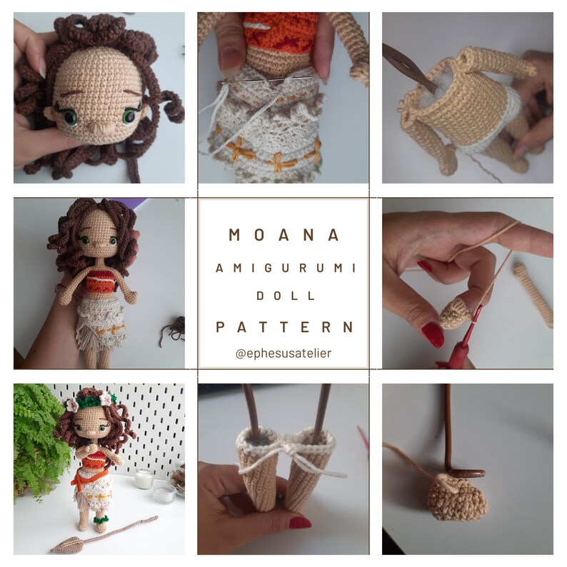 May include: A crochet doll pattern with the text "MOANA AMIGURUMI DOLL PATTERN @ephesusatelier". The doll has brown hair, a tan face, and is wearing a tan and orange top and a tan skirt. The image shows the doll in various stages of construction.
