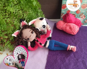 Doll and Cat Amigurumi Pattern, Crochet Amigurumi Doll, English PDF Pattern,Handmade Toys, Gift for Kids,Detailed Instructions, Stuffed Cat