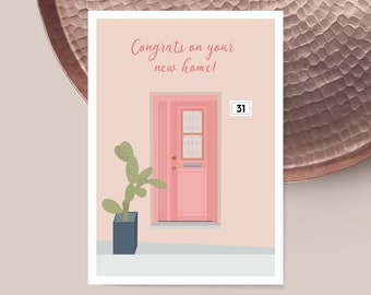 New home card printable, congratulations first home card, first time buyer card, illustrated pink door card, front door pink print