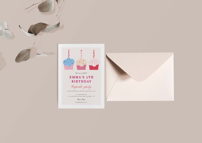 Cupcake birthday invitation in pink and blue shades with an envelope. This cupcake invitation has three colourful cupcake illustrations. Invitation is ideal for baking parties for boys and girl.