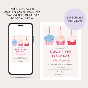 Cupcake birthday invitation in pink and blue shades in size 5x7 inches. You can also email the invitation and post it to social media. This cupcake invitation has three colourful cupcake illustrations. Ideal for baking parties for boys and girl.