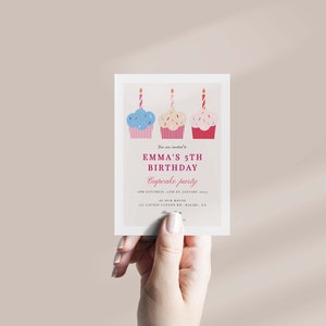 Cupcake birthday invitation in pink and blue shades in a hand. This cupcake invitation has three colourful cupcake illustrations. Invitation is ideal for baking parties for boys and girl.