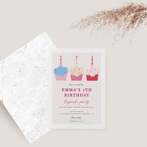 Cupcake birthday invitation in pink and blue shades and marble envelope. This cupcake invitation has three colourful cupcake illustrations. Invitation is ideal for baking parties for boys and girl.