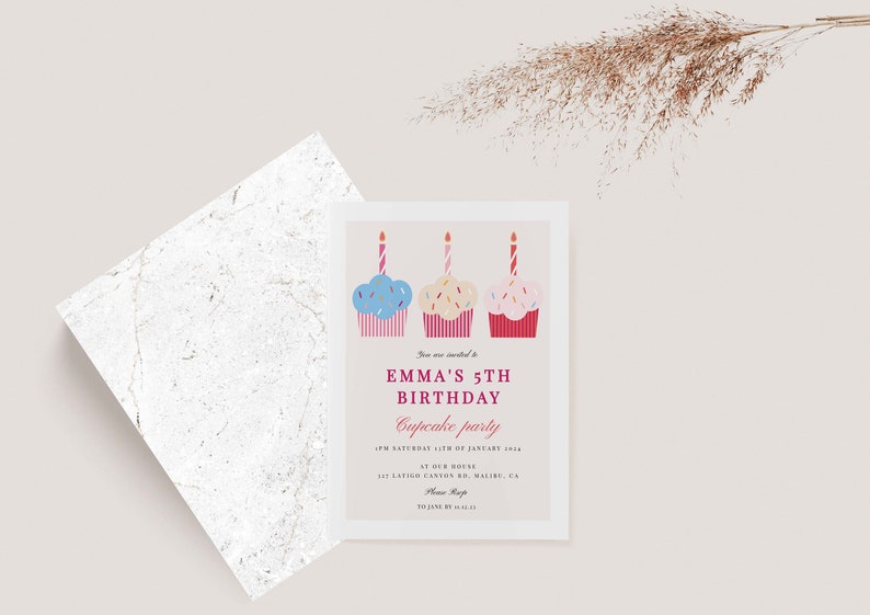 Cupcake birthday invitation in pink and blue shades and marble envelope. This cupcake invitation has three colourful cupcake illustrations. Invitation is ideal for baking parties for boys and girl.