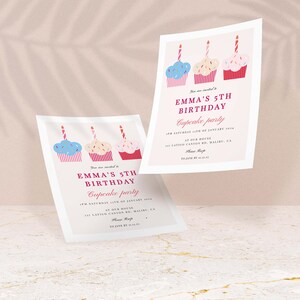 Cupcake birthday invitation in pink and blue shades .This cupcake invitation has three colourful cupcake illustrations. Invitation is ideal for baking parties for boys and girl.