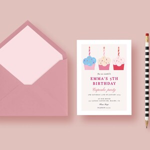 Cupcake birthday invitation in pink and blue shades together with pink envelope. Invitation is ideal for baking parties for boys and girl.
