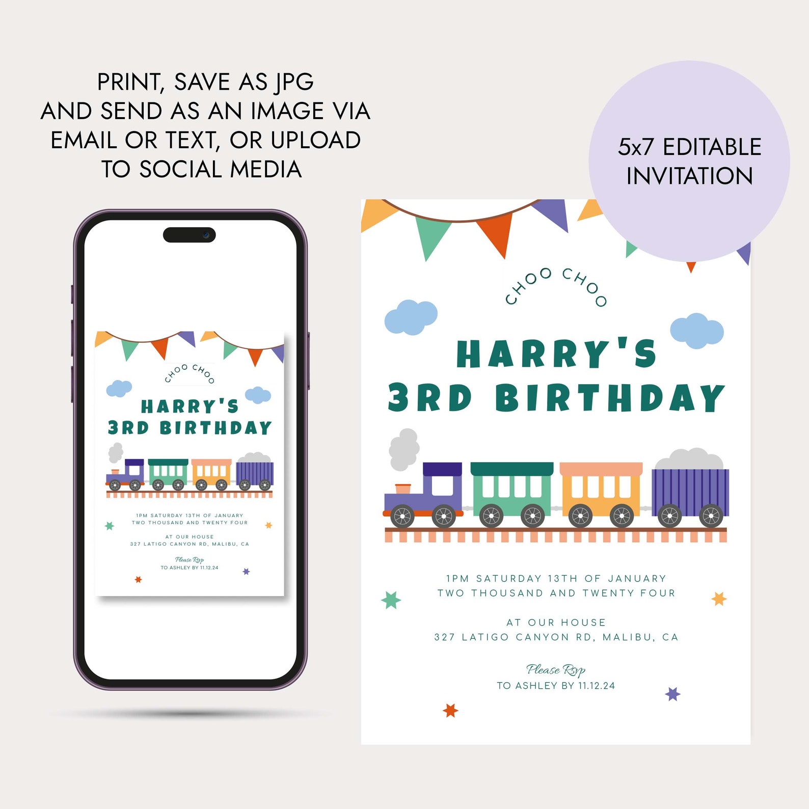 Train Birthday Invitation Template, Editable Train Party Invitation