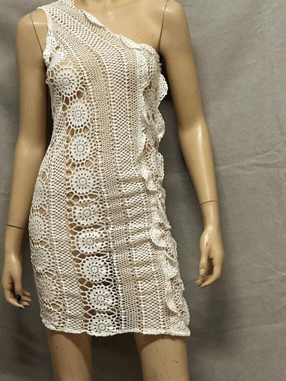 one shoulder crochet beach dress Handmade Crochet Mini Beach Dress: One-shoulder Boho Cover-up