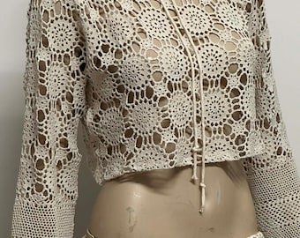 Beige Crochet Bell Sleeve Top Festival Blouse • Handmade Boho Crop • Beach Cover Top