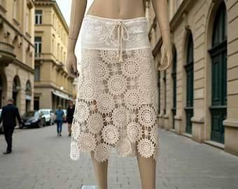 Vintage White Crochet Lace midi Skirt–Adjustable Waist A-Line- Floral Doily Boho Size XXS/4