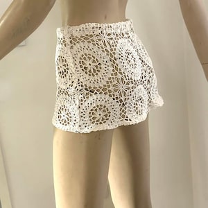 Vintage Crochet Lace Mini Skirt, Boho Beach Cover Up, Tie Waist, One of a Kind