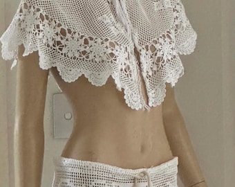 Crochet Bridal Bolero Lace Capelet Handmade Vintage Style Boho Wedding Cover Up Floral Shawl
