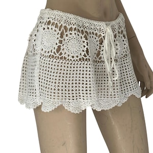 Handmade Crochet Lace Mini Skirt - Adjustable Tie Waist Boho Beachwear