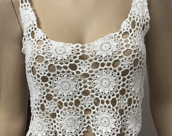 Handmade Vintage Lace Crop Top – White Crochet Boho Summer Top 8-10 Size Festival Beachwear