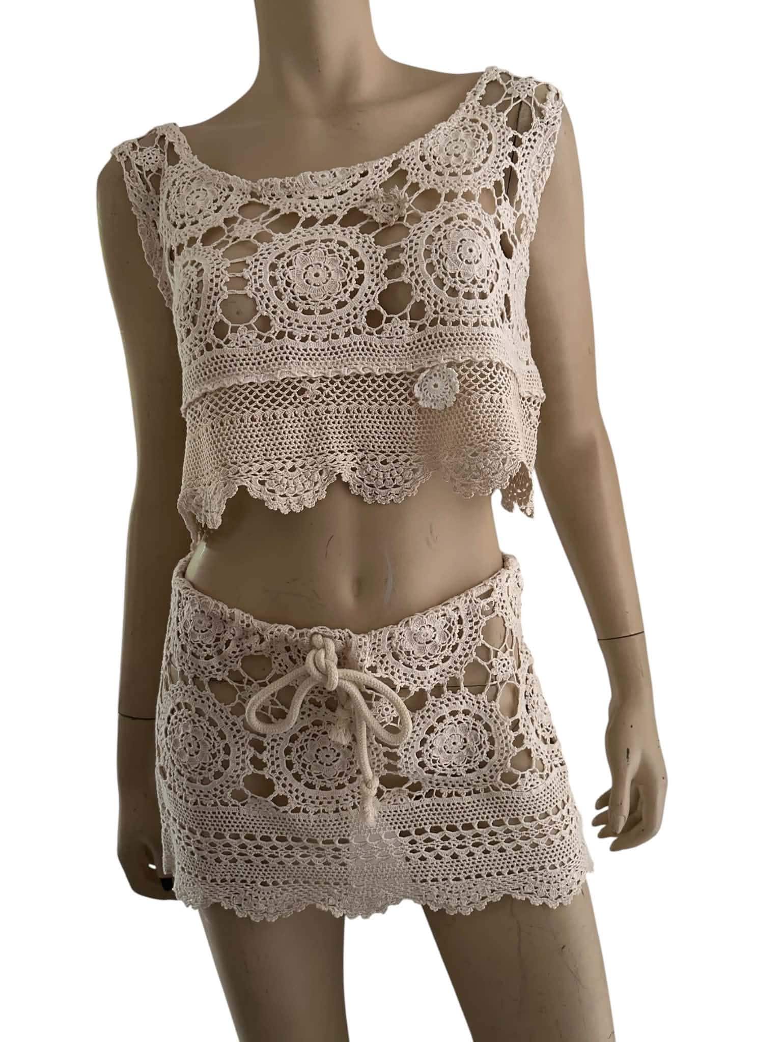 Boho Crochet Lace Crop Top Mini Skirt Set: Festival Beach Outfit