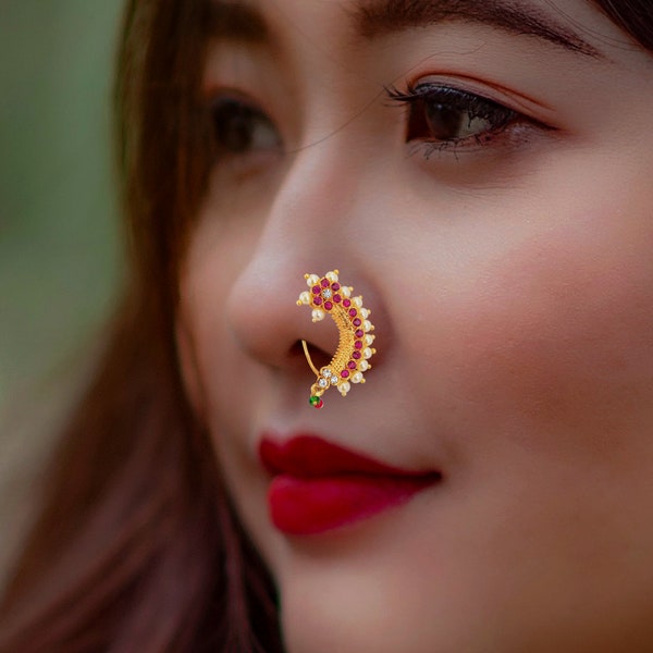 Elegant nose cuff, Traditional gold plated jewelry, Indian wedding jewelry, Marathi nose ring, Gift for her