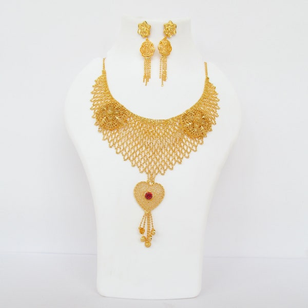 Boho Bib Party Wear Neckpiece, Gold Plated Bridal Necklace Set, Chunky Necklace Set with Earrings, Dubai Nigerian African Necklace Earrings