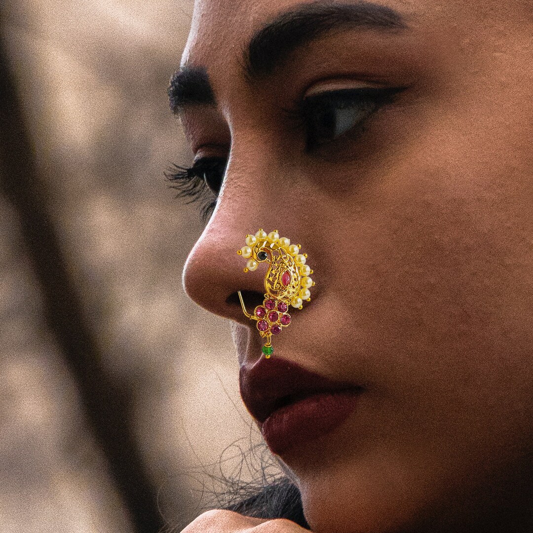 CZ Stone Nose Ring, Clipon Nose Ring, Indian Nath, Pearl Nath, Bengali