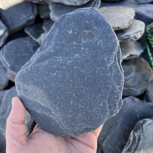 Peut inclure: Une seule pierre d'ardoise gris foncé avec une surface lisse et légèrement texturée. La pierre a une forme irrégulière et un aspect naturel et organique.