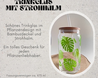 Trinkglas mit Bambusdeckel und Glasstrohhalm Plantlover / Pflanzenliebe/Geschenk für Pflanzenliebhaber/