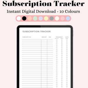 Rastreador de suscripciones, 10 colores (descarga digital) para Goodnotes, Notability, iPad, descarga instantánea, tamaño A4 y carta (EE. UU.)