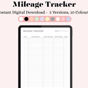 Digital Mileage Tracker, 10 Colors (Digital Download) For Goodnotes, Notability, Ipad, Instant Download, A4 & US Letter Size, Work Mileage