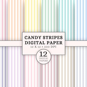 Könnte beinhalten: Ein digitales Papierpaket mit zwölf Designs mit vertikalen Candy-Streifenmustern in Pastellfarben. Das Bild zeigt rosa, pfirsichfarbene, gelbe, grüne, blaue und lavendelfarbene Streifen. Der Text auf dem Bild lautet "CANDY STRIPES DIGITAL PAPER 12 X 12 • 300 DPI" und "12 DIGITAL PAPERS."