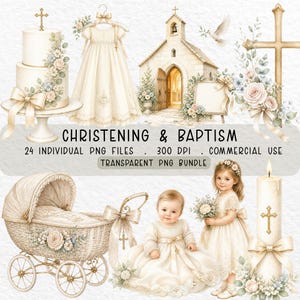 May include: A digital collection of Christening and Baptism themed illustrations featuring a two-tier cake, a gown, a church, a cross, a wicker baby carriage, a baby, a child, and a candle, all decorated with soft pink and blue floral accents.