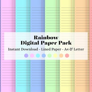 Può includere: Un pacchetto di carta digitale con carta a righe in un arcobaleno di colori: viola, rosa, turchese, blu, verde, giallo, arancione e rosso. Il testo "Rainbow Digital Paper Pack" e "Instant Download - Lined Paper - A4 & Letter" sono visualizzati.
