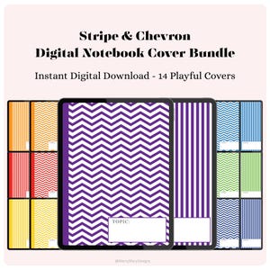 Puede incluir: Paquete de portadas de cuadernos digitales con 14 diseños divertidos. Las portadas muestran patrones de rayas y chevrón en morado, naranja, rojo y azul. Cada portada tiene un espacio rectangular blanco para el tema. El texto dice "Stripe & Chevron Digital Notebook Cover Bundle."