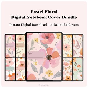 Könnte beinhalten: Ein digitales Notizbuch-Cover-Bundle mit pastellfarbenen floralen Designs. Die Cover zeigen florale Muster in zarten Rosa-, Pfirsich- und Gelbtönen, mit dem Text "Pastel Floral Digital Notebook Cover Bundle" oben.