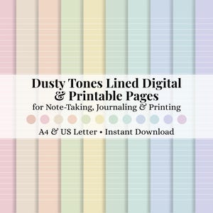May include: Digital printable pages with lined paper in soft pastel shades. The image displays a range of colours, including pink, peach, yellow, green, blue, and lavender. Text reads "Dusty Tones Lined Digital & Printable Pages" for note-taking, journaling, and printing. A4 and US Letter sizes.