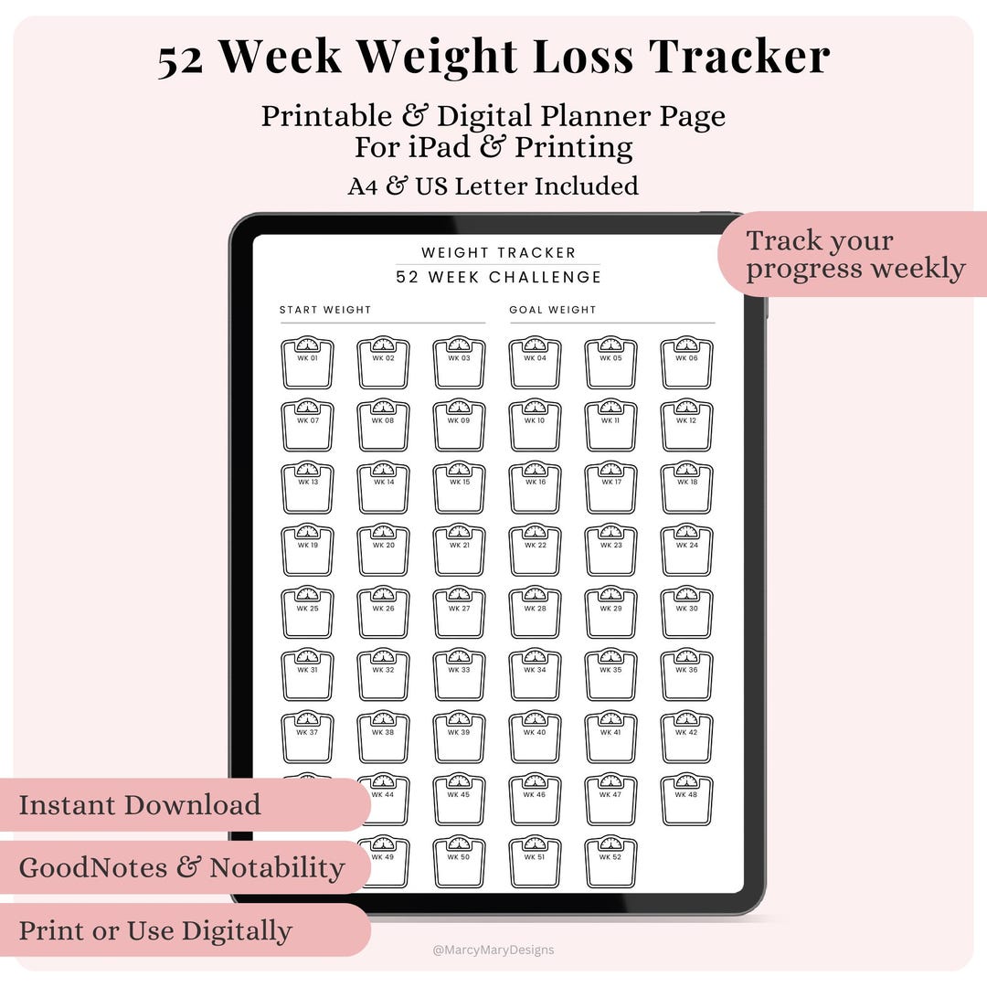 52 Week Weight Loss Tracker Printable | A4 US Letter PDF | Fitness ...