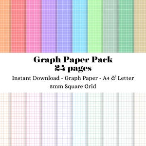 Puede incluir: Un paquete de papel cuadriculado digital con 24 páginas. El paquete incluye varios papeles de cuadrícula de colores con una cuadrícula cuadrada de 5 mm. El texto de la imagen dice "Graph Paper Pack 24 pages Instant Download - Graph Paper - A4 & Letter 5mm Square Grid."