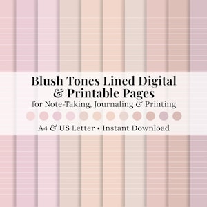 Pages numériques et imprimables ligné dans des tons blush, papier ligné imprimable, lettre US A4, pages de prise de notes, pages de journal PDF