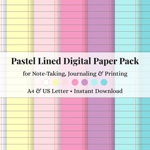 May include: Pastel-colored digital paper pack with lined pages in various colors, including pink, yellow, and blue. The text reads "Pastel Lined Digital Paper Pack" for note-taking, journaling, and printing. Available in A4 and US Letter sizes.