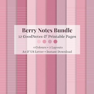 May include: A digital collection titled Berry Notes Bundle featuring 12 GoodNotes and printable pages in 4 colors and 3 layouts. The image displays vertical stripes in various shades of pink and mauve with lined, dotted, and blank patterns.