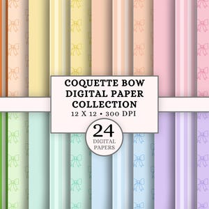 Può includere: Una collezione di 24 carte digitali con colori pastello e motivi a fiocco. Le carte presentano disegni a righe e fiocchi in tonalità arancione, giallo, rosa, verde, blu e viola. Il testo recita "COQUETTE BOW DIGITAL PAPER COLLECTION 12 X 12 300 DPI".