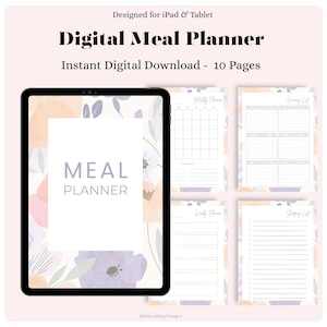 Op de afbeelding: Digitale maaltijdplanner voor iPad en tablet. De digitale download bevat 10 pagina's. De tablet toont een bloemenontwerp met de woorden "Meal Planner". Extra pagina's zijn onder meer een maandplanner, boodschappenlijst, weekplanner en boodschappenlijst.