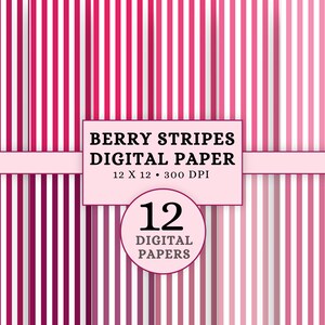 Digitalt papperspaket med bärrandigt mönster, sömlösa rosa och plommonfärgade bakgrunder, 12 utskrivbara scrapbook-papper, kommersiellt bruk