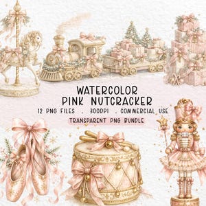 Puede incluir: Una colección digital de ilustraciones en acuarela que presenta un caballo de carrusel, un tren de vapor con vagones de regalo, regalos apilados, zapatillas de ballet, un tambor y un cascanueces, todo en tonos rosa y oro con texto.