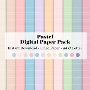 Peut inclure: Un ensemble de papiers numériques avec des papiers lignés aux couleurs pastel. Les papiers sont dans des tons de bleu, rose, pêche, jaune, vert et violet. Le texte de l'image indique "Pastel Digital Paper Pack" et "Instant Download - Lined Paper - A4 & Letter".