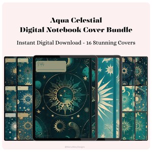 16 Aqua Celestial digitala anteckningsboksomslag för iPad, Goodnotes-omslag, fantastiska designer, Celestial-omslag, iPad-estetik för direktnedladdning