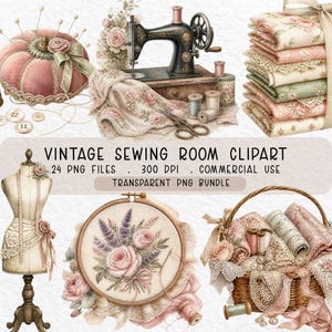 Può includere: Una collezione di illustrazioni digitali a tema cucito che include una macchina da cucire nera, un puntaspilli in velluto rosa, pile di tessuto floreale, un manichino, un telaio da ricamo con rose e un cesto di vimini pieno di pizzo e filo.
