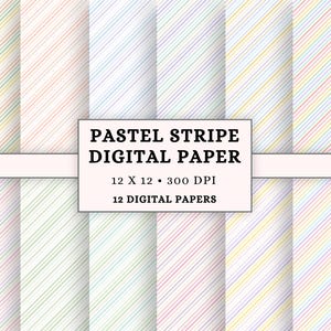 Può includere: Fogli digitali con strisce diagonali pastello in vari colori. Le strisce includono rosa, giallo, verde e blu. Il testo sull'immagine recita "PASTEL STRIPE DIGITAL PAPER 12 X 12 • 300 DPI 12 DIGITAL PAPERS."